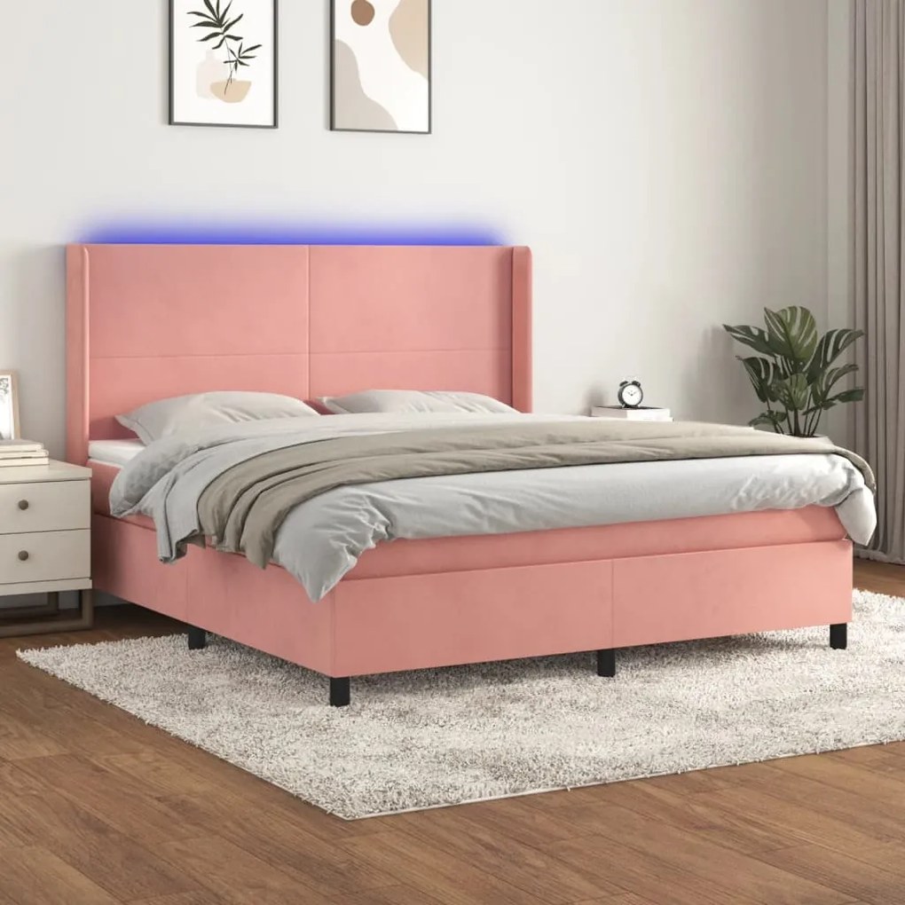 vidaXL Pat cu arcuri, saltea &amp; LED, roz, 180x200 cm, catifea