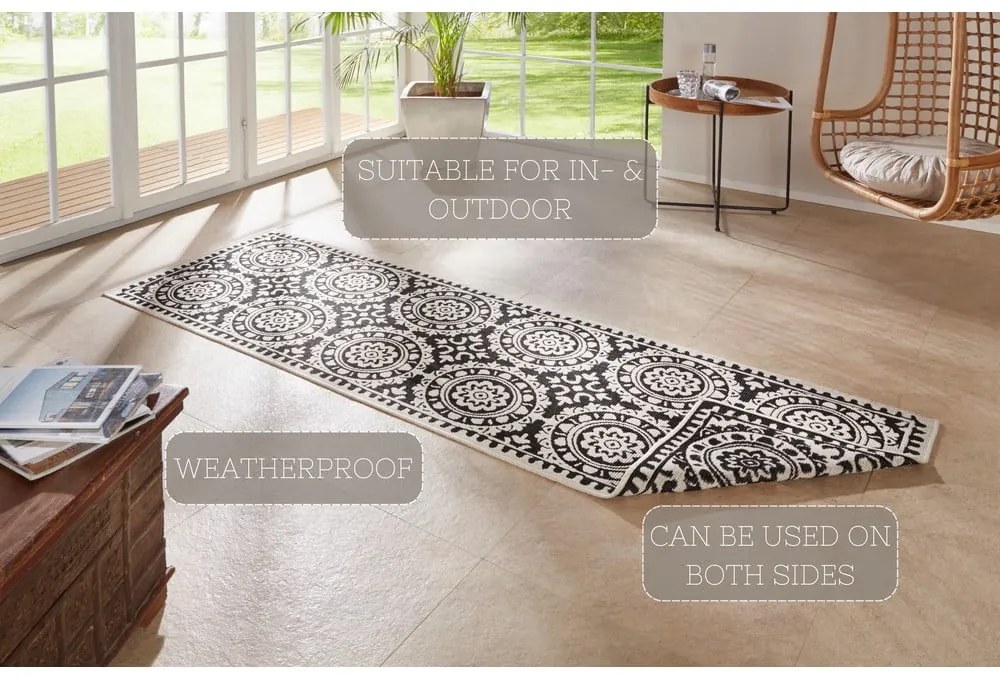 Covor adecvat pentru exterior NORTHRUGS Jardin, 80 x 350 cm, negru-crem