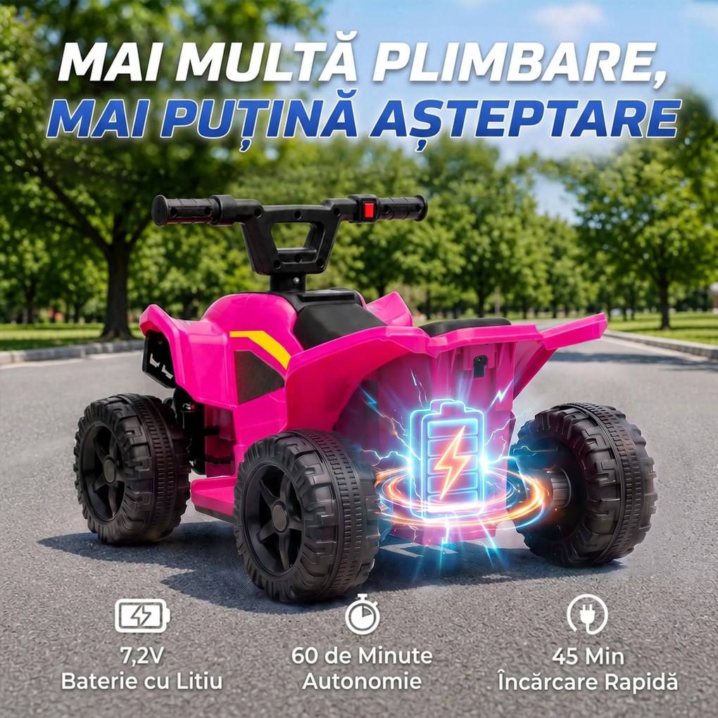 AIYAPLAY ATV Electric pentru Copii 18-48 Luni, 6V, 2 km/h, Sarcină 25 kg, Fuchsia | Aosom Romania