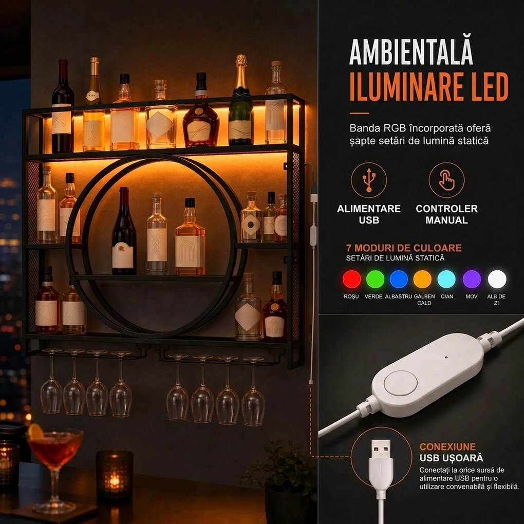 HOMCOM Suport de perete pentru sticle cu LED, suport pentru pahare și rafturi, negru | Aosom Romania