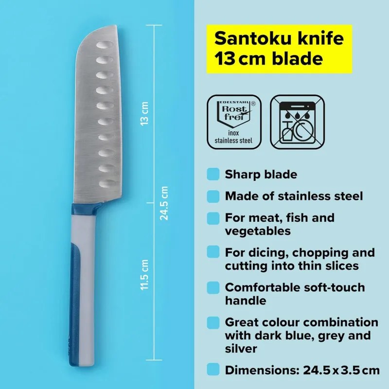 Cutit Santoku Tasty 678243, Maner moale, 13 cm, Otel inoxidabil, Albastru