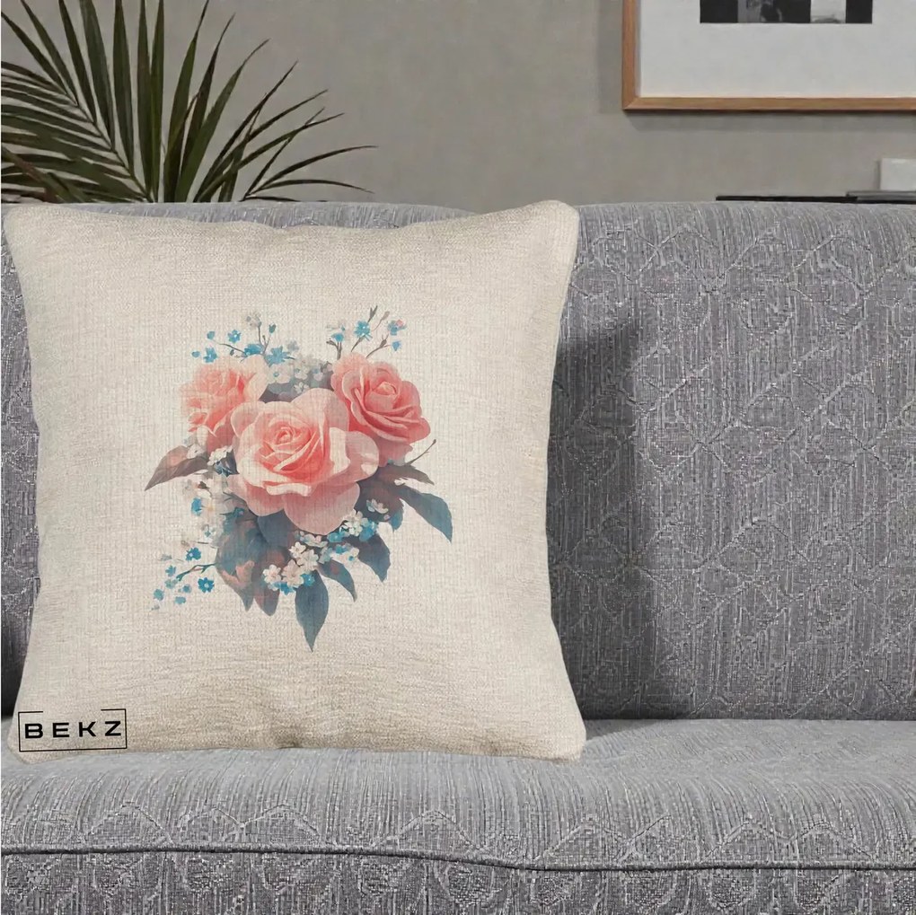 Perna Decorativa Trandafiri Roz cu Floricele Albastre, 40x40 cm, Bej Canapea, Husa Detasabila, Perna Inclusa, BEKZ®