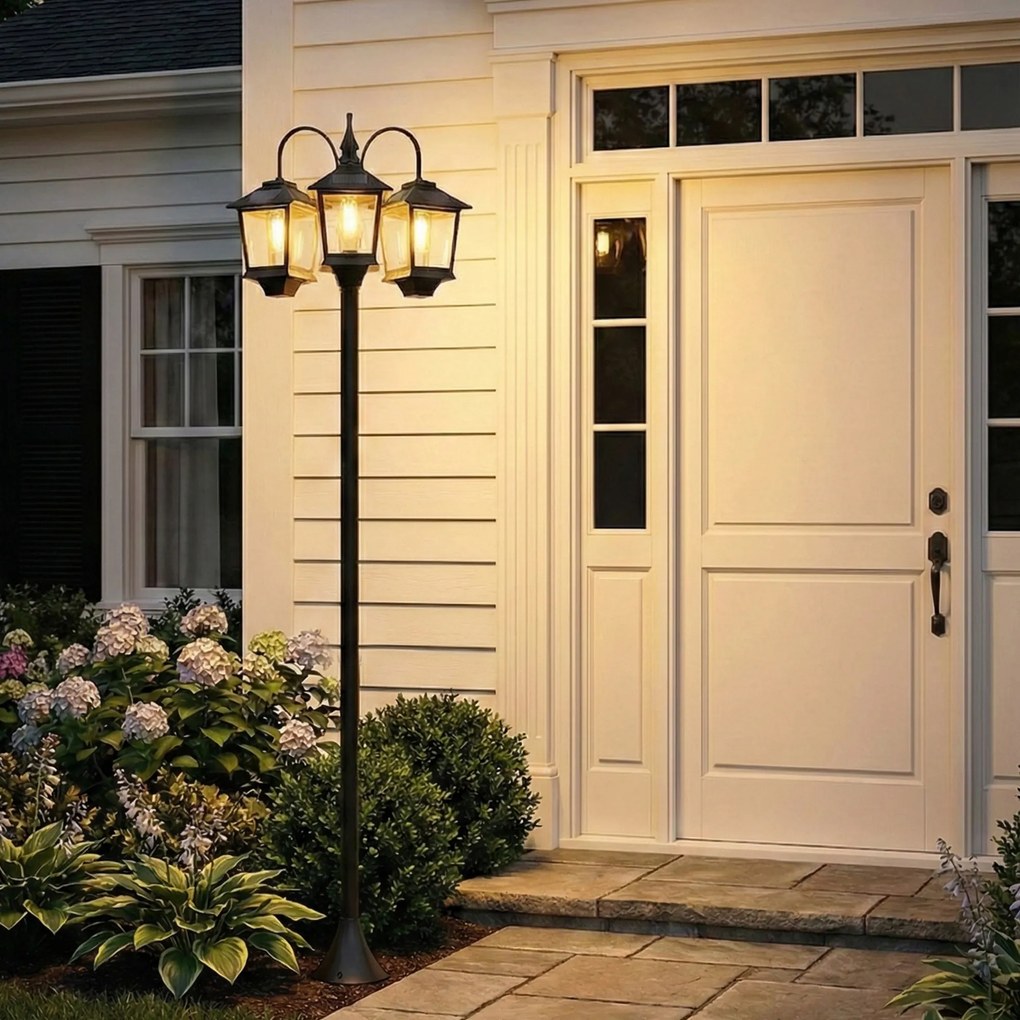 Outsunny Lampadar exterior solar cu 3 capete, lampadar pentru grădină, iluminare LED, senzor automat la apus și la răsărit, negru | Aosom Romania