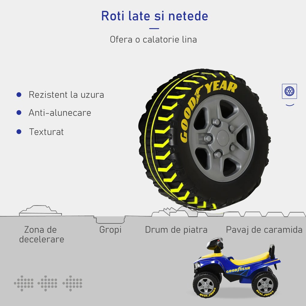 HOMCOM Quad Jucărie Licențiat GOODYEAR pentru Copii 18-36 Luni, cu Efecte Luminoase și Sonore, Albastru și Galben | Aosom Romania