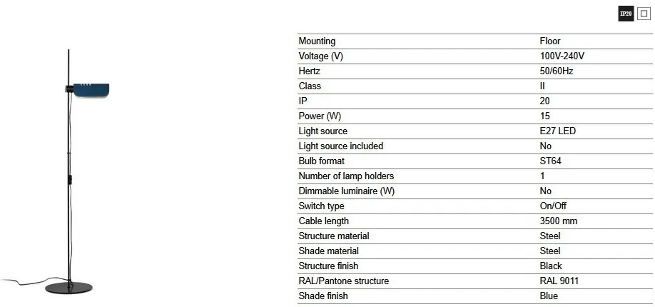 Lampadar metal stil retro cu abajur ajustabil MARTINICA negru, blue