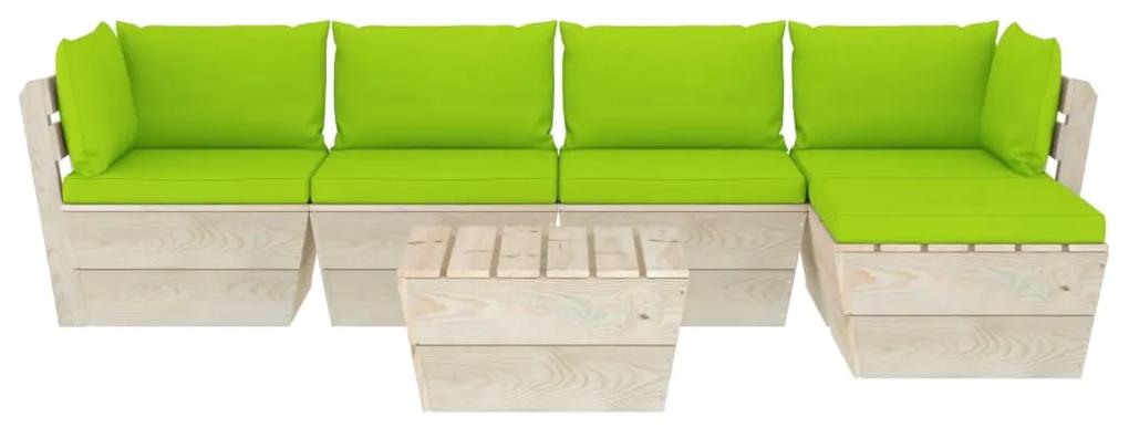 Set mobilier gradina din paleti cu perne, 6 piese, lemn molid verde aprins, 2x colt + 2x mijloc + masa + suport pentru picioare, 1