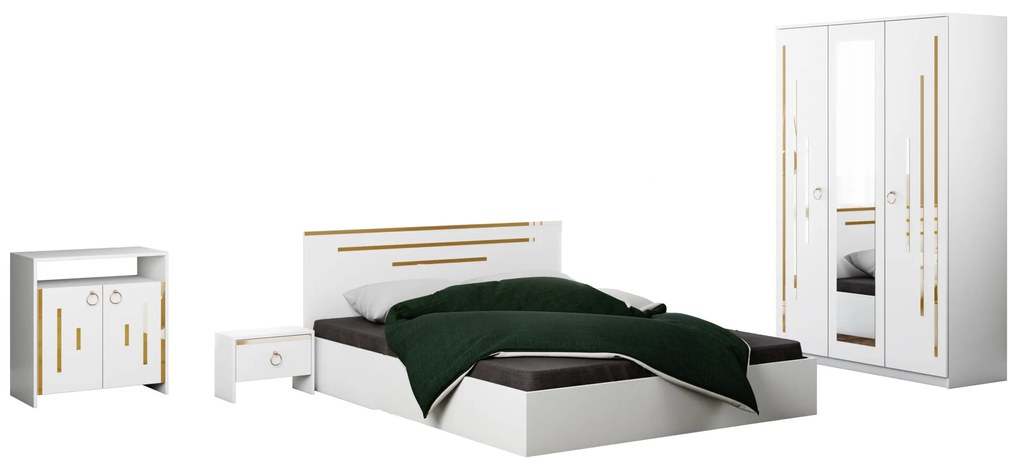 Dormitor Gold, culoare alb / auriu, pat standard 160x200 cm, dulap 123 cm, comoda si 2 noptiere