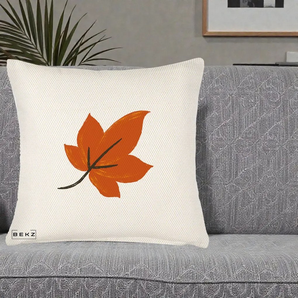 Perna Decorativa Frunza de Toamna Portocalie, 40x40 cm, Crem Reliefat, Husa Detasabila, Perna Inclusa, BEKZ®