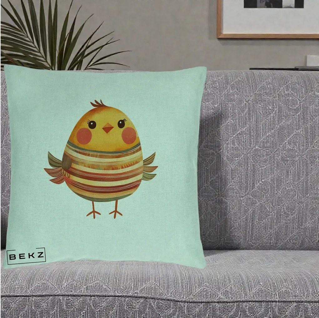 Perna Decorativa Pui Kawaii Portocaliu Dungi Calde, 40x40 cm, Verde Menta, Husa Detasabila, Perna Inclusa, BEKZ®