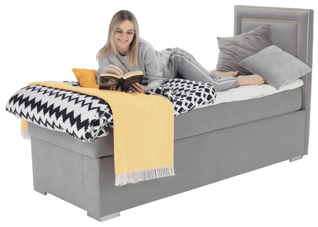 Pat boxspring, pat de o persoană, gri deschis, 80x200, dreapta, BILY