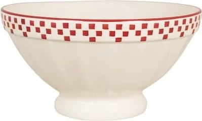 Bol din ceramică artizanală, natur, cu motive geometrice pictate manual roșu și bordură decorativă, 23×12 cm, „Marion"