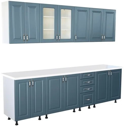 Bucatarie Zebra 260 cm din MDF Albastru cu blat termoizolant alb