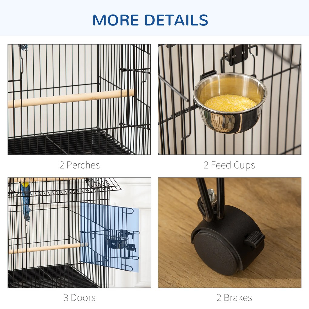PawHut Colivie pentru Păsări din Oțel și Lemn cu Tavă Detașabilă, 4 Roți și Recipient pentru Alimente, 51,5x50x140 cm, Negru | Aosom Romania