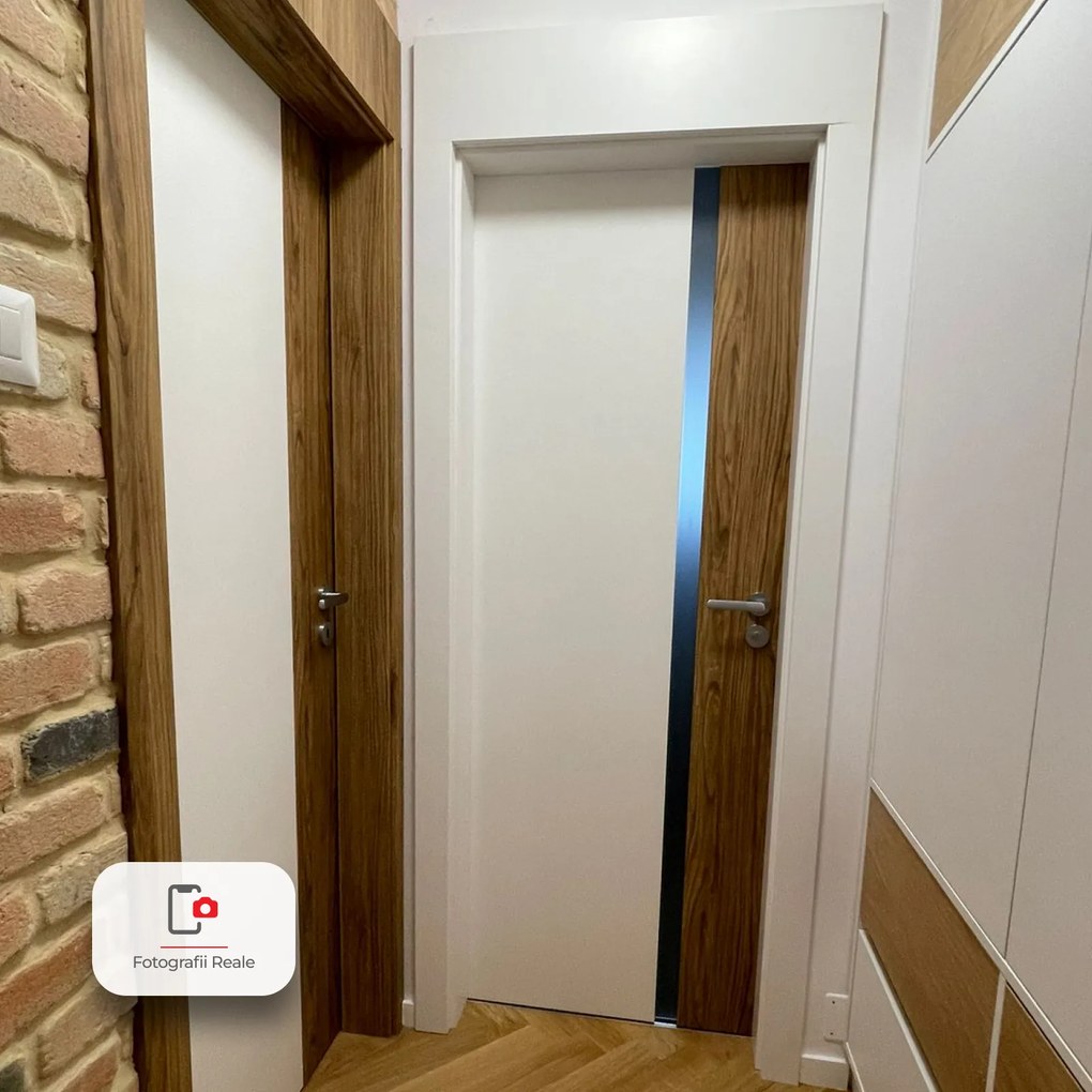 Usa de interior PORTA DUO din pal tubular si insertii de furnir natural - Model 4.A 95-140 mm, Alb / Stejar