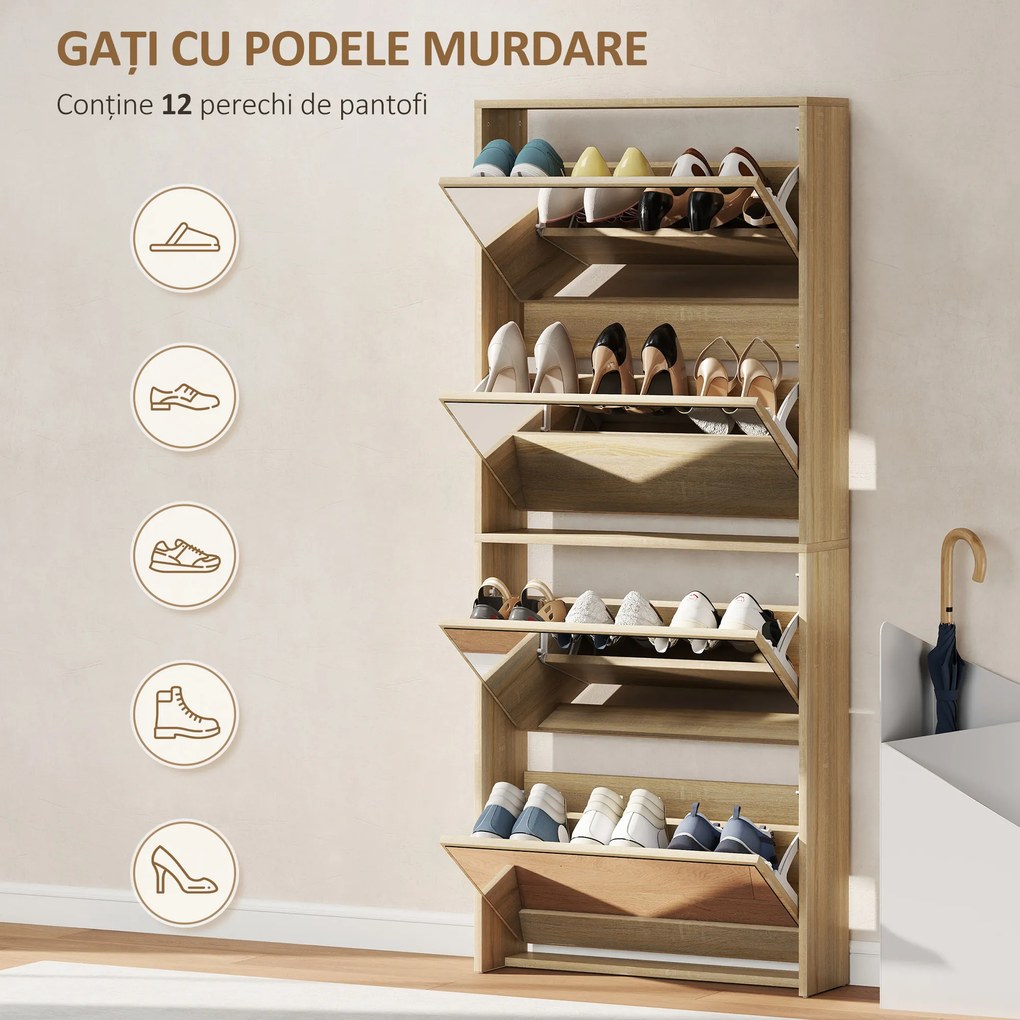HOMCOM Dulap pentru Încălțăminte Slim cu 4 Uși și Oglindă 63x17x146 cm Culoare Lemn | Aosom Romania