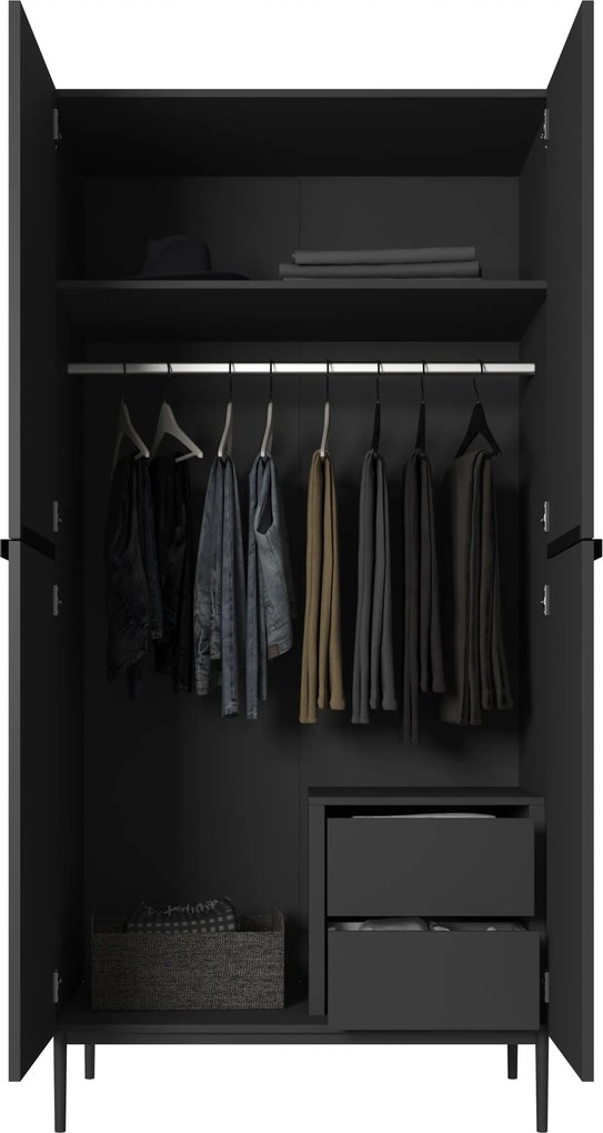 Dulap Nicole 100 cm dormitor cu două sertare - negru mat / picioare negre