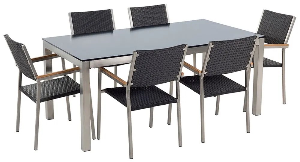 Set de masă pentru grădină Grosso (negru) (blat din sticlă 180x90 cm) (scaune din ratan) (sticlă). 1011749