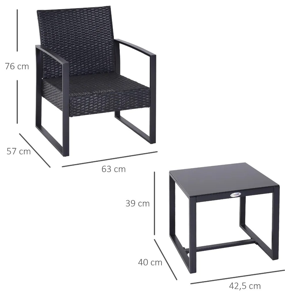 Set Mobilier in Rattan Outsunny de Extern Masa cu 2 Scaune si Perne , Negru | Aosom Romania