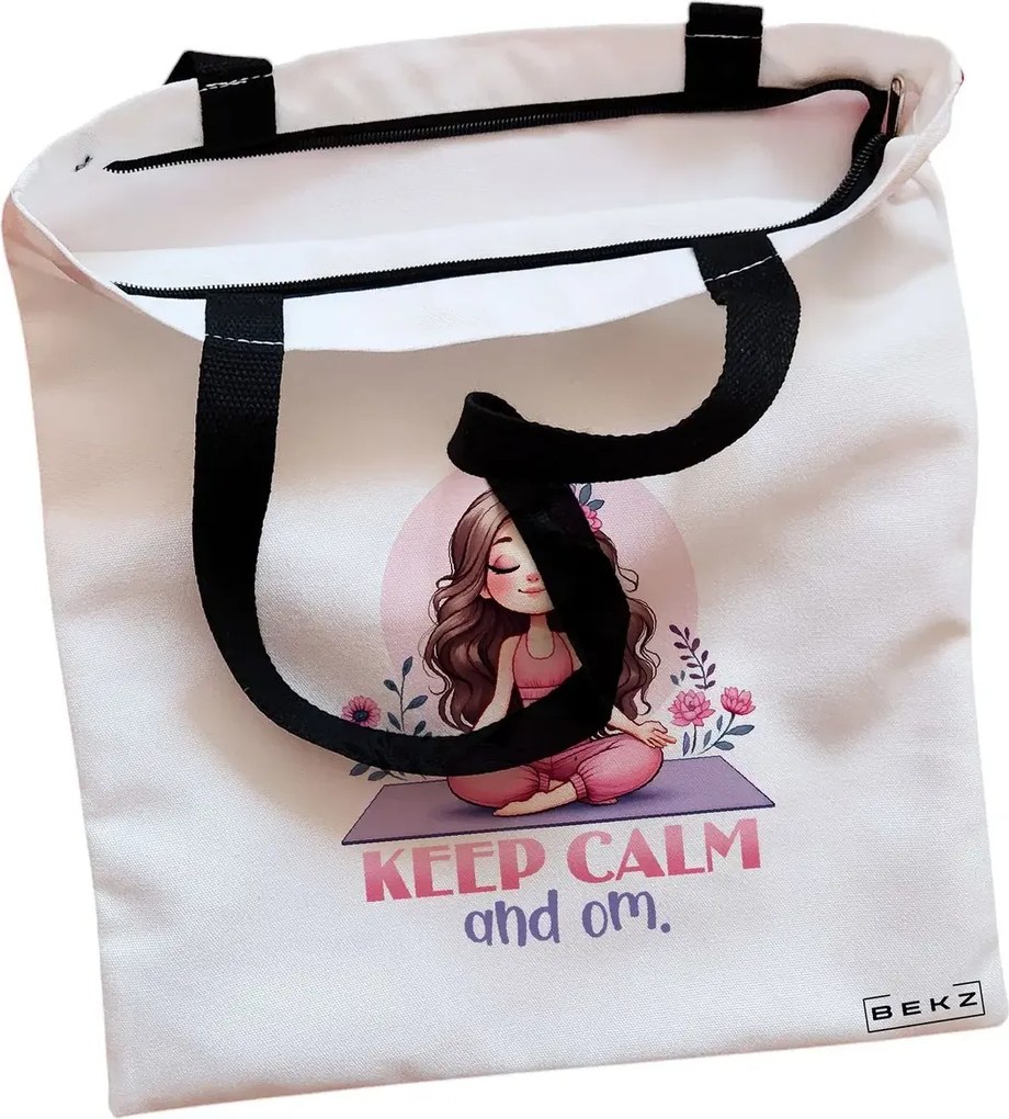 Sacosa de Panza pentru Cumparaturi, Geanta Tote, Yoga Keep calm and Om, Cu fermoar, 38x34.5 cm, Alba, BEKZ®