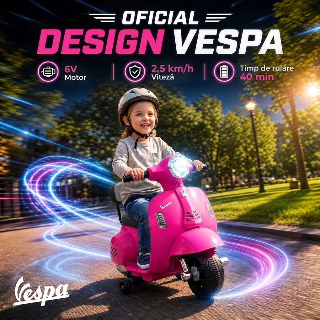 AIYAPLAY Motocicletă Electrică pentru Copii 1,5-3 Ani Mini Vespa Gts 7,2V, Roz | Aosom Romania
