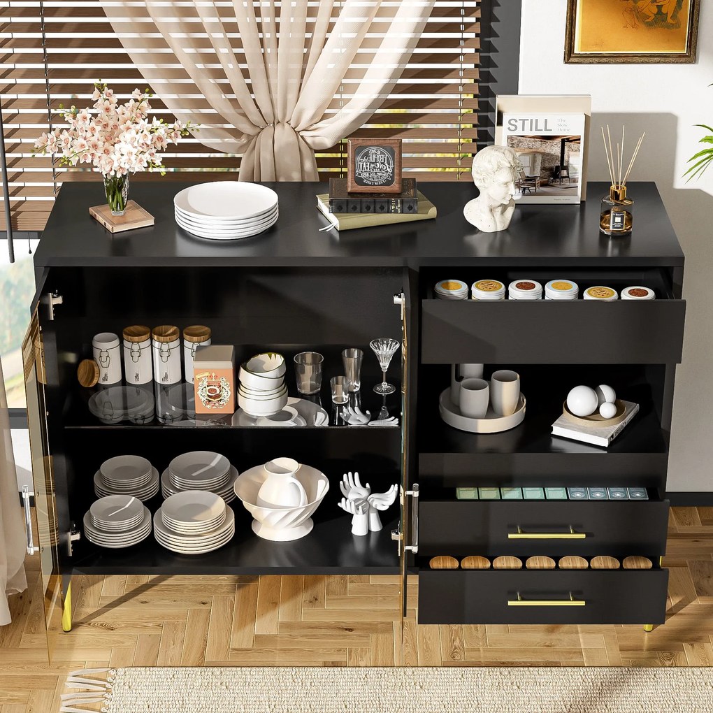 Bufet modern cu ușă din sticlă în nuanță turcoaz, Negru | Aosom Romania