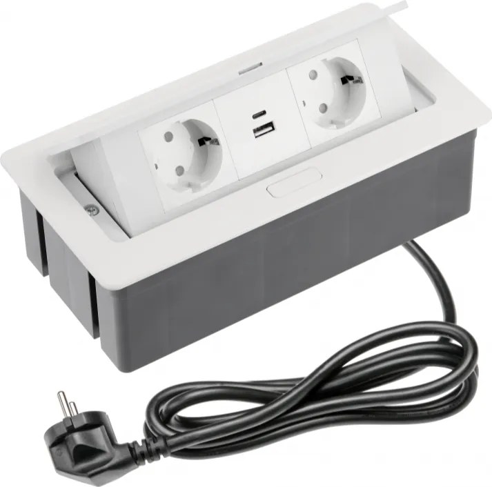 Priză încorporabilă în blat Soft GTV, 2 prize Schuko, USB A + C, alb, 250 x 130 mm Aluminiu/Plastic, Alb, L:250 mm; l:130 mm; H:73 mm