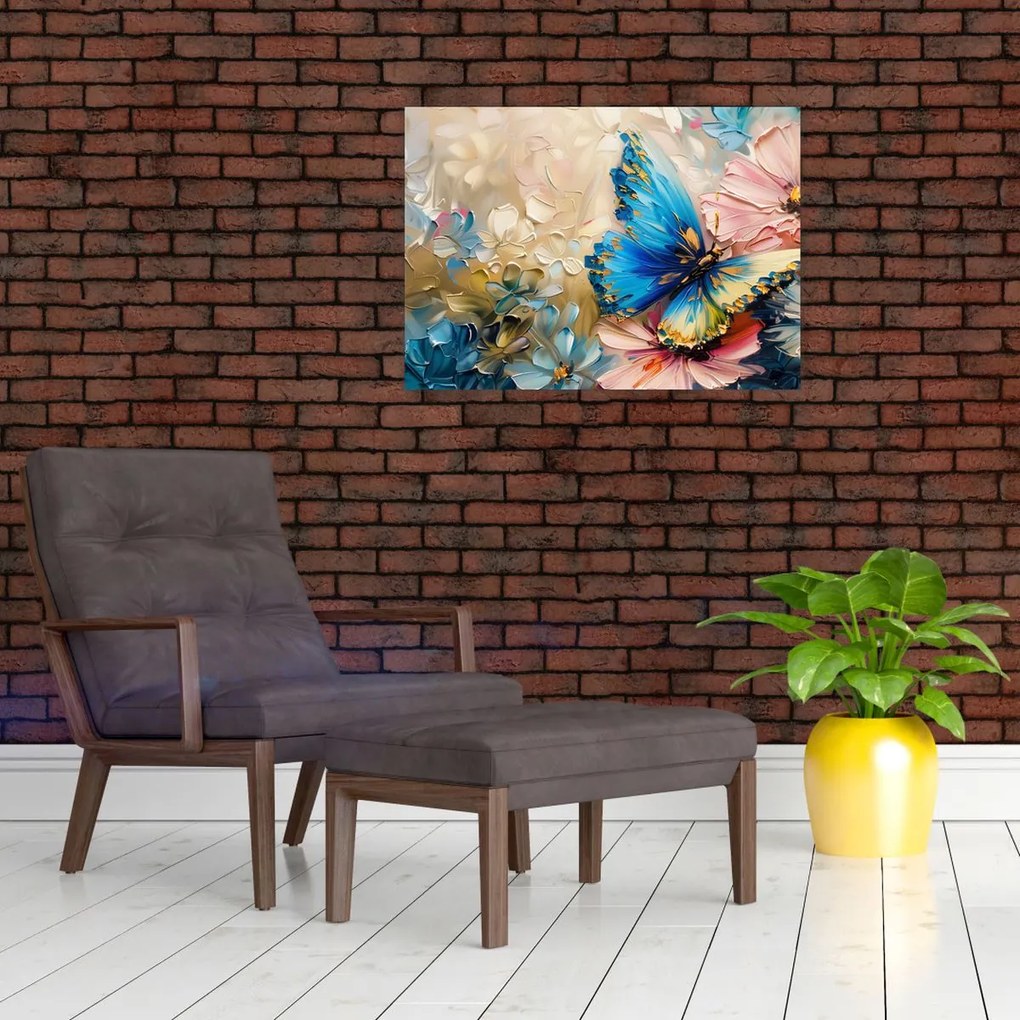 Tablou pe sticlă - Pictura de flori și fluturi (70x50 cm)