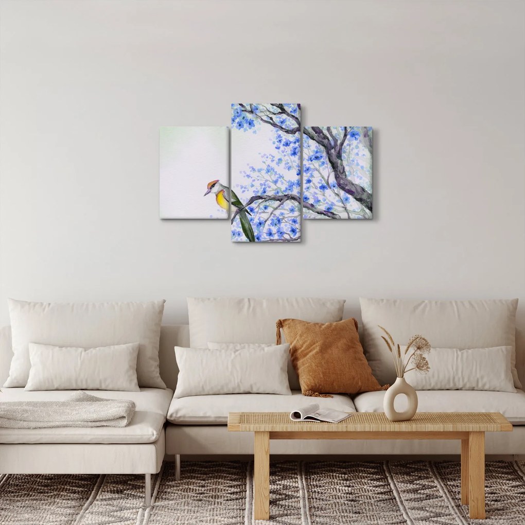Tablou - Pasăre pe un copac cu flori albastre (90x60 cm)