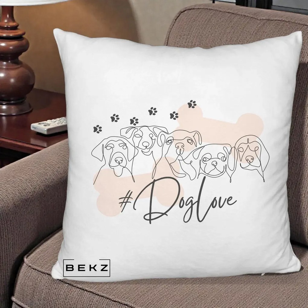 Perna Personalizata Dog Love Linie Minimalista, 40x40 cm, Alb Pufos, Husa Detasabila, Perna Inclusa, BEKZ®