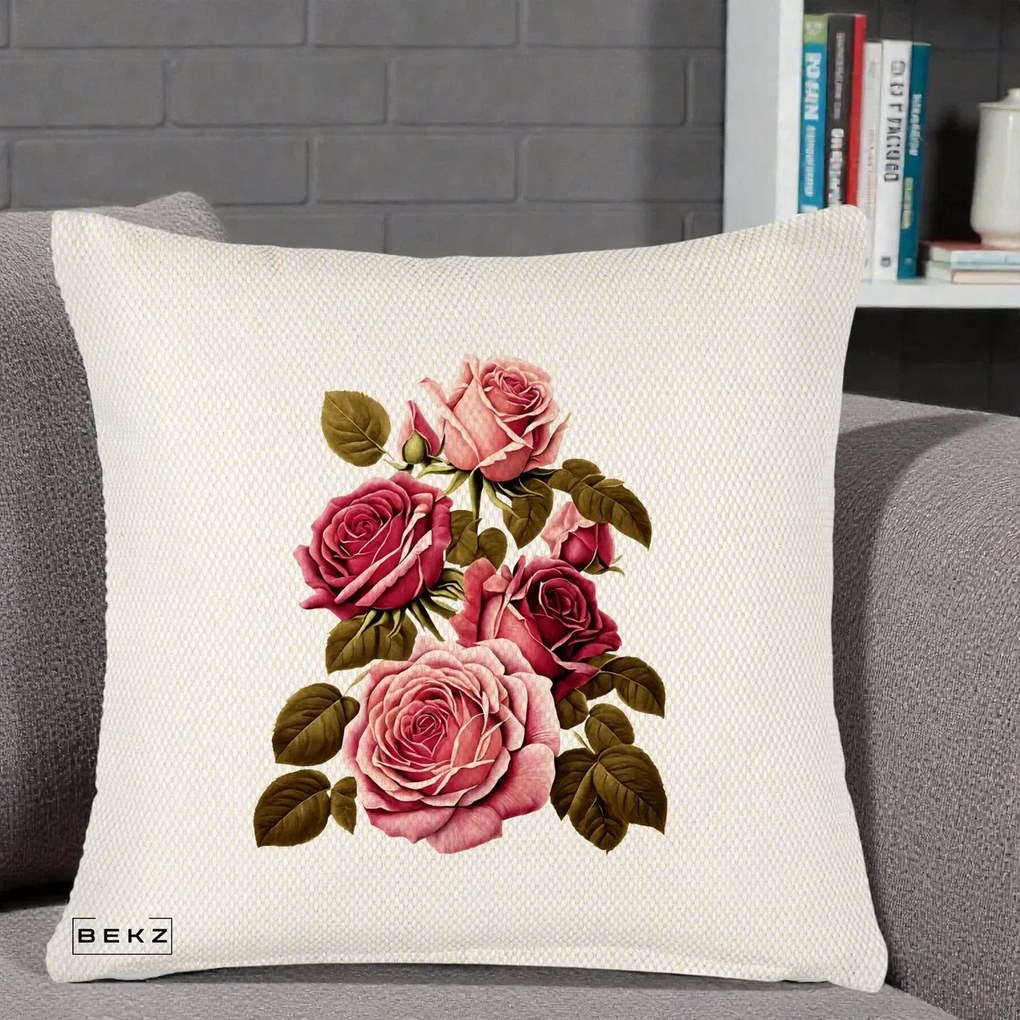 Perna Decorativa Trandafiri Vintage Roz-Rosii, 40x40 cm, Crem Reliefat, Husa Detasabila, Perna Inclusa, BEKZ®