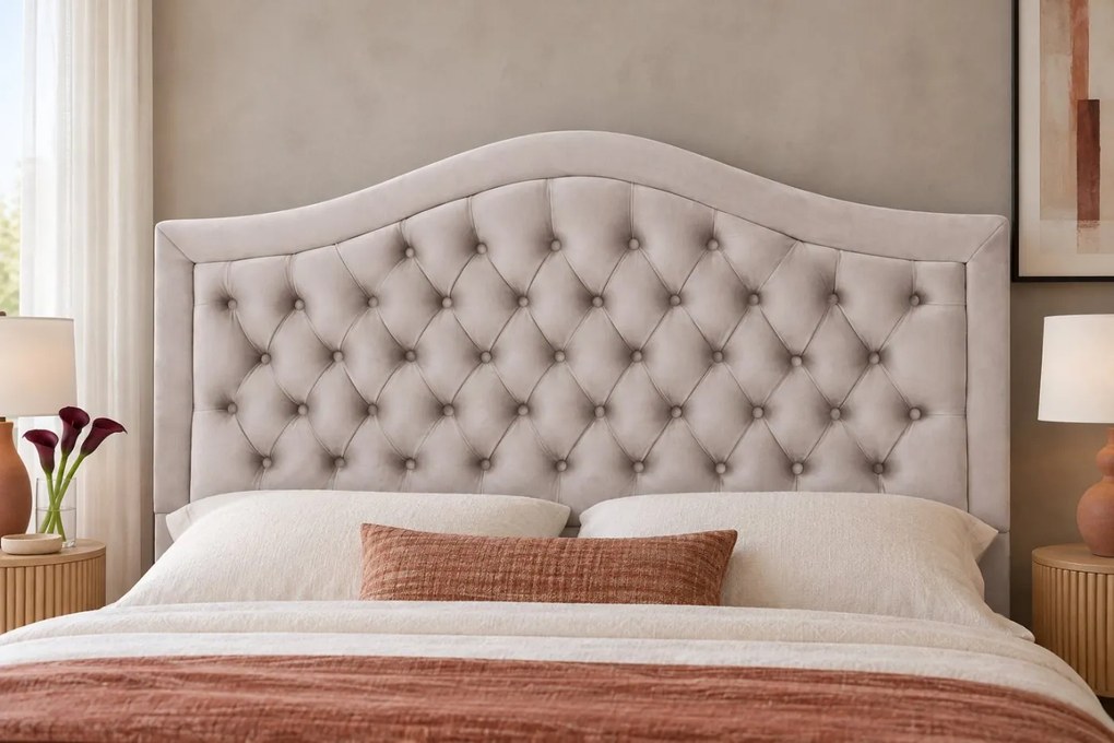 Pat tapițat Chesterfield din catifea Solaria Deluxe 140×200 cm, crem, cu ladă de depozitare