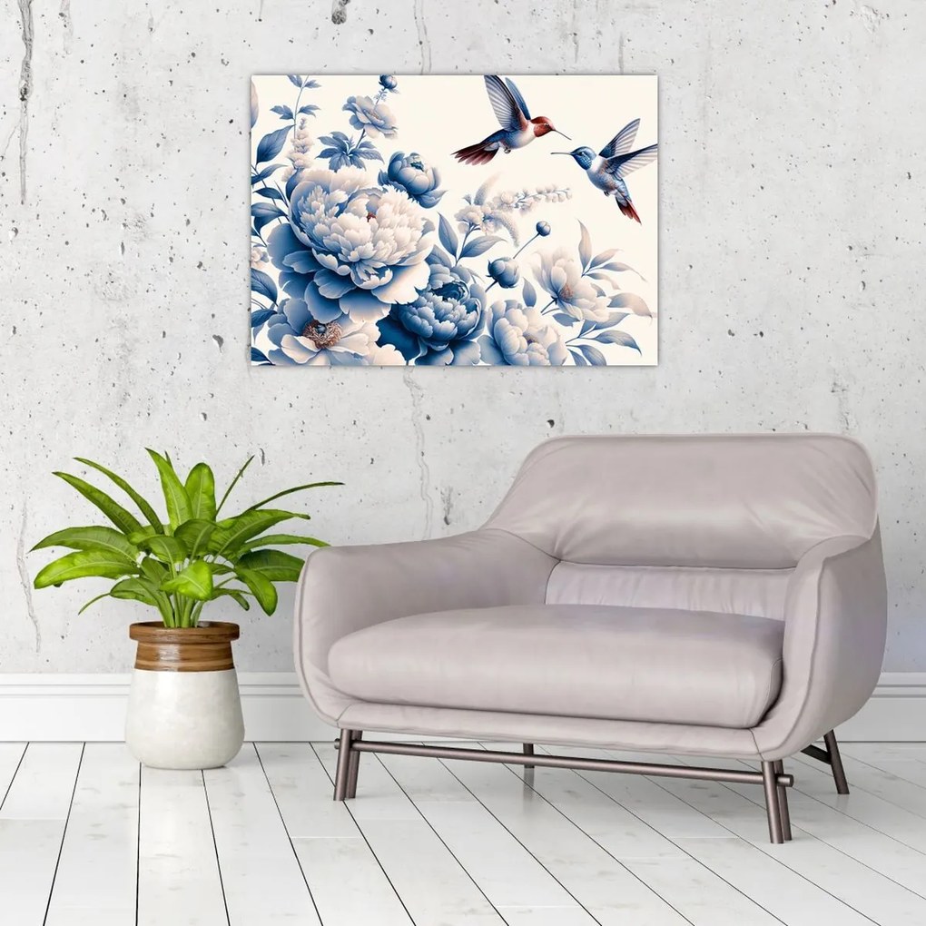 Tablou pe sticlă - Colibri deasupra florii (70x50 cm)