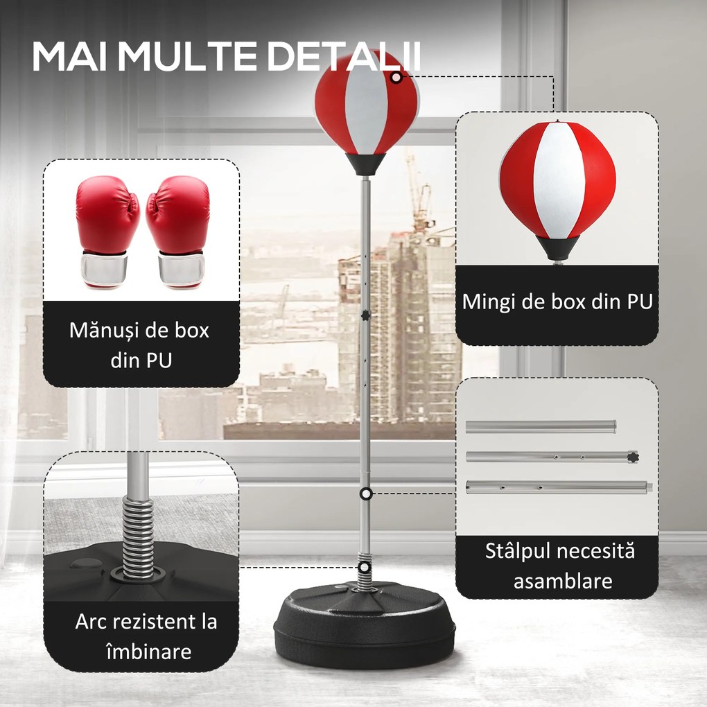 HOMCOM Sac de Box de Podea cu Înălțime Reglabilă, Mănuși de Box și Bază Umplută, 43x43x126-144 cm, Roșu | Aosom Romania