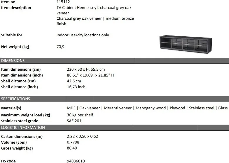 Comoda TV design elegant LUX Hennessey L, gri carbune 115112 HZ