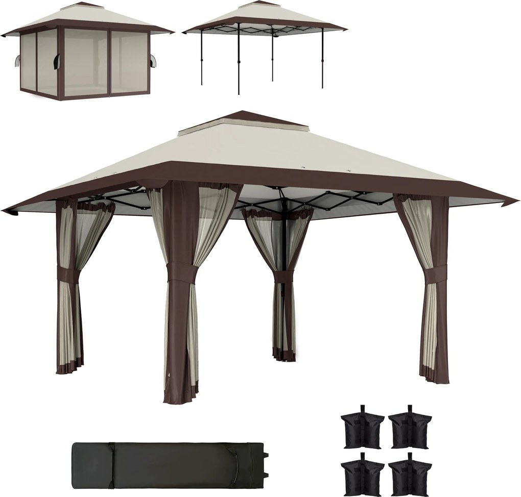 Outsunny Pavilion de grădină 4 x 4 m, cort de grădină cu pereți din plasă, protecție UPF50+, cort de petrecere cu înălțime reglabilă, Bej | Aosom Romania