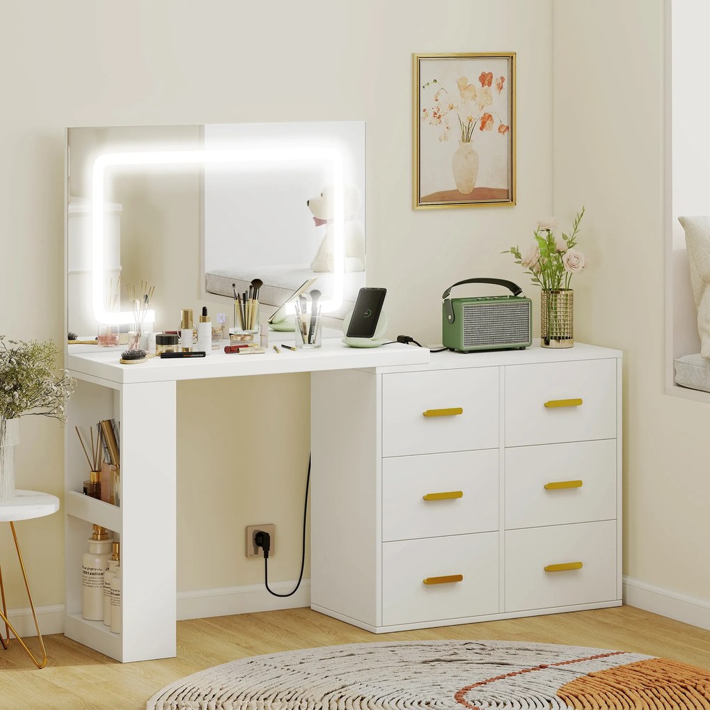 HOMCOM Stație de Machiaj cu Lumini LED, 3 Culori, Luminozitate Reglabilă, Toaletă Convertibilă cu Prize Electrice, 6 Sertare Soft Close, Oglindă, Rafturi Deschise, pentru Dormitor, Alb | Aosom Romania
