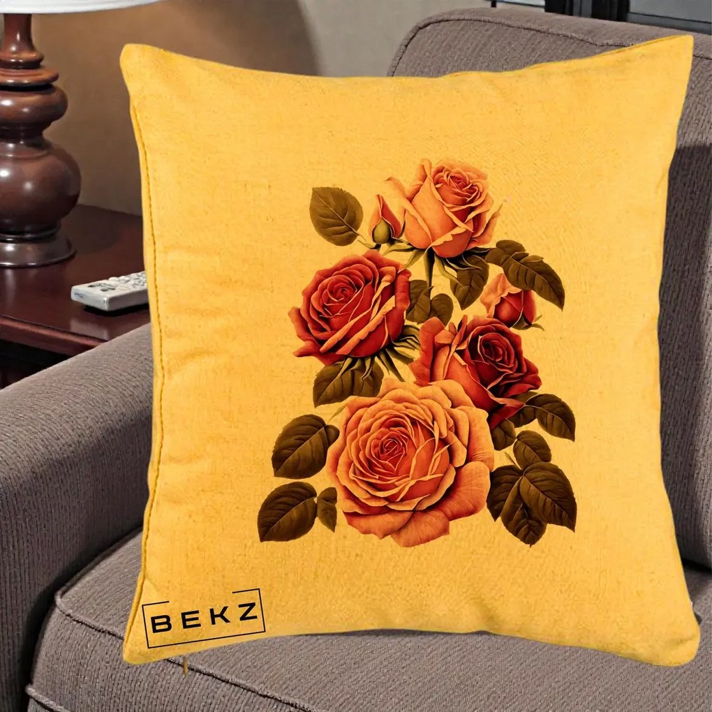 Perna Decorativa Trandafiri Vintage Roz-Rosii, 40x40 cm, Galben, Husa Detasabila, Perna Inclusa, BEKZ®