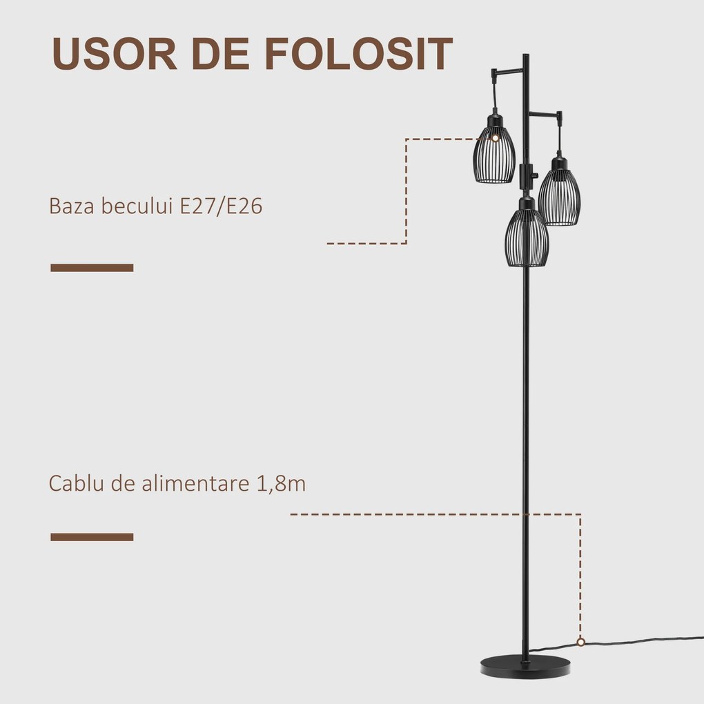 HOMCOM Lampadar Industrial cu 3 Abajururi și Intensitate Regulabilă, 30x30x170.5 cm, Negru | Aosom Romania