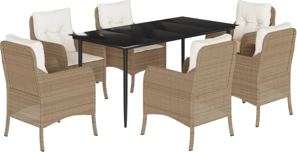 vidaXL Set de masă pentru grădină, 7 piese, cu perne, bej, poliratan