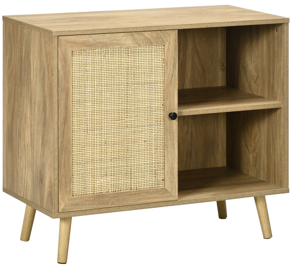 HOMCOM Bufet Mobilier Auxiliar de Bucătărie cu Ușă din Ratan și 2 Rafturi de Depozitare pentru Living 80x39x70 cm Natural | Aosom Romania