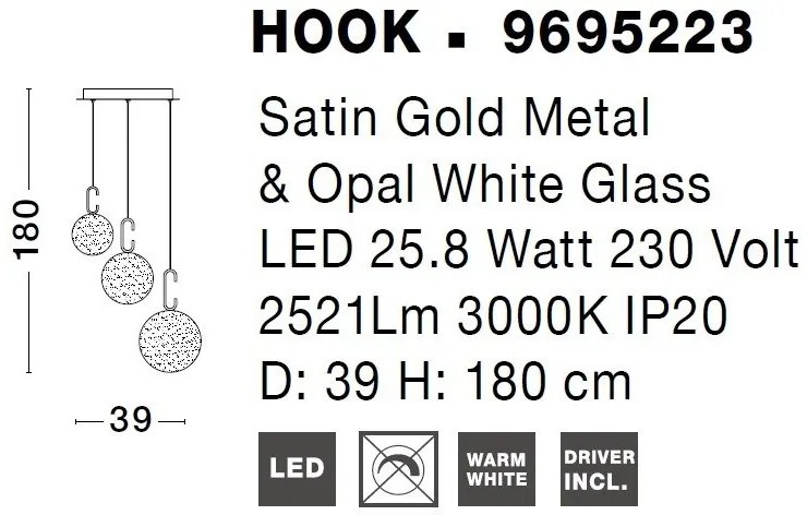 Lustra LED cu 3 pendule, dimabila, design modern Hook auriu, opal alb 39cm