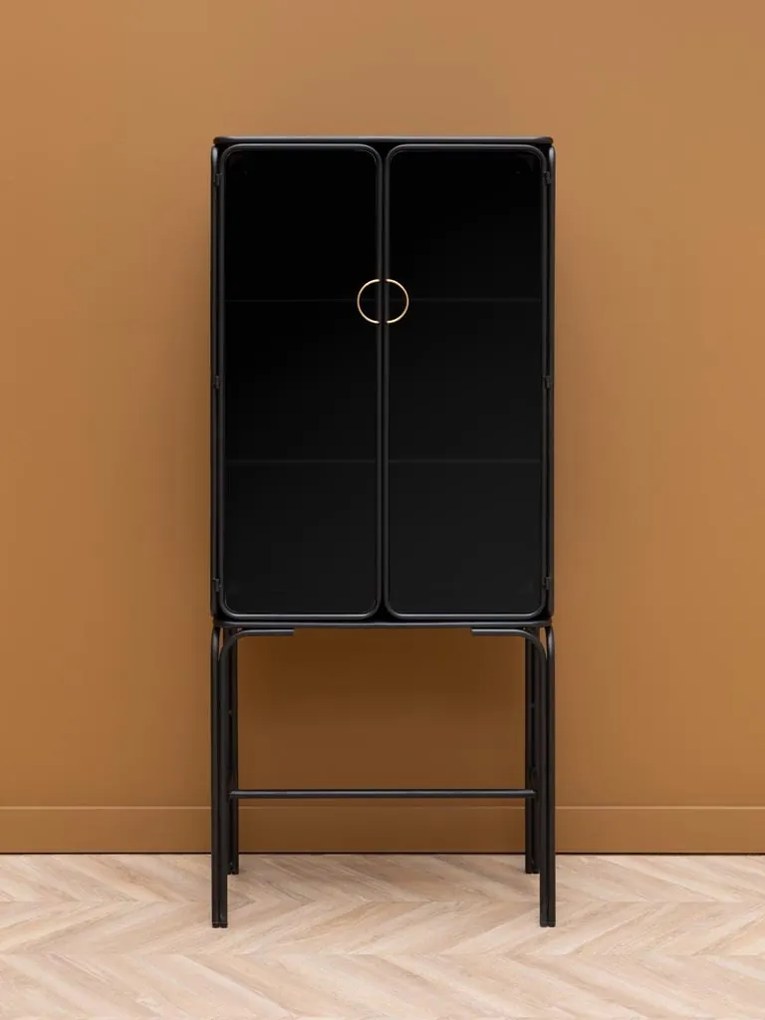 Vitrină vintage din metal, cu 2 uși din sticlă opacă, 3 rafturi și mânere circulare aurii, negru, finisaj lucios, 70×38×162 cm, „Ashbury"