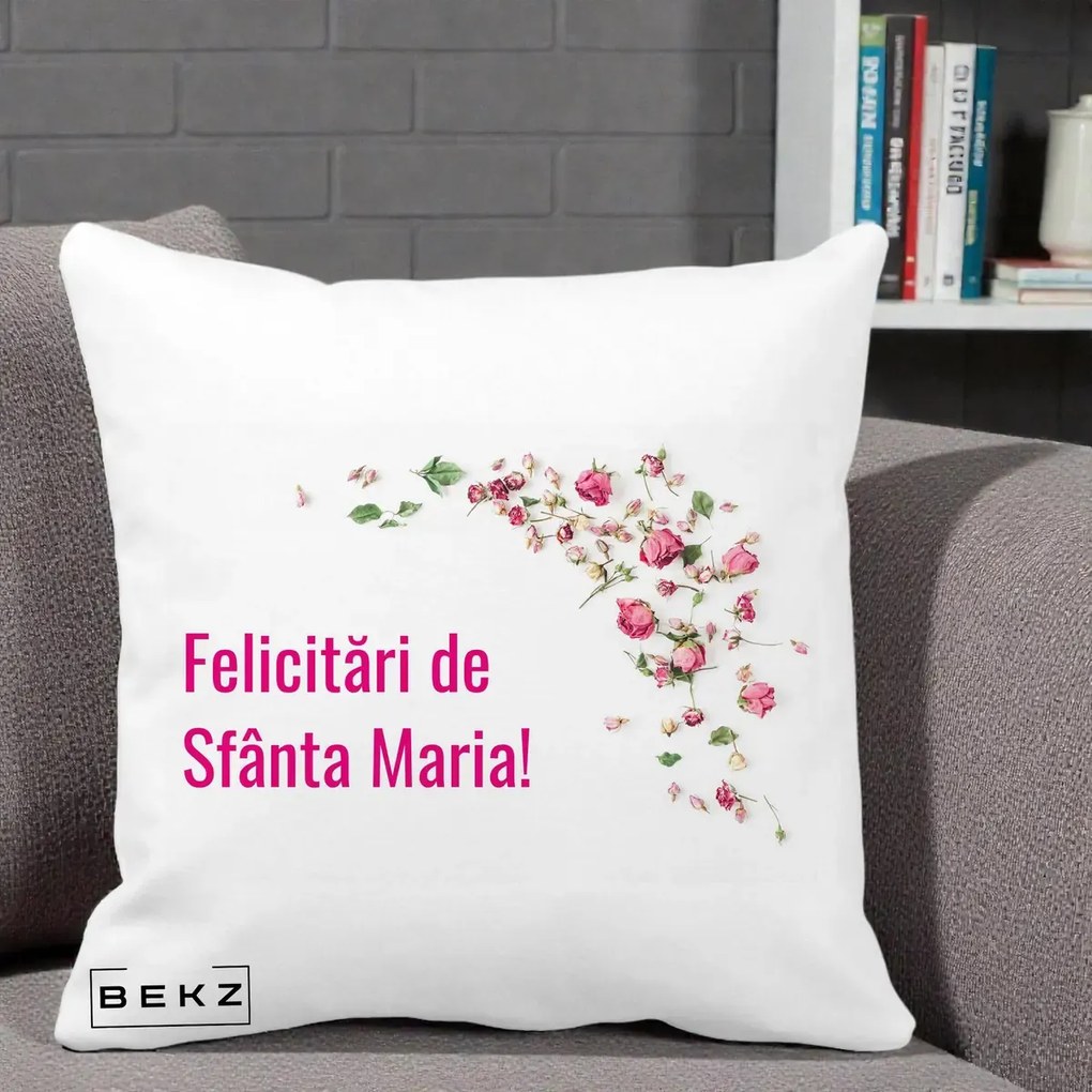 Cadou de Onomastica - Perna Personalizata Felicitari de Sfanta Maria, 40x40 cm, Alba Mata, Husa Detasabila, Perna Inclusa, BEKZ®