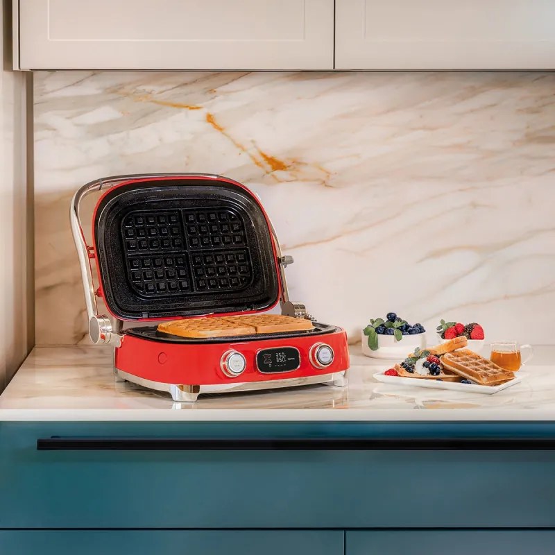 Grătar multifuncțional SMEG 50's Style MGF01RDEU, 2100 W, 60-230 °C, 3 programe, acoperire ceramică, tavă de scurgere, semnal sonor, cronometru, roșu