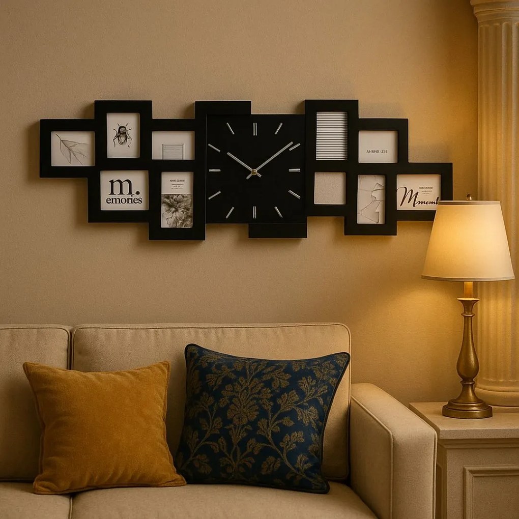 Ceas de perete cu rame foto, tip colaj, 10 fotografii, culoarea negru, MDF, 80x4x26 cm