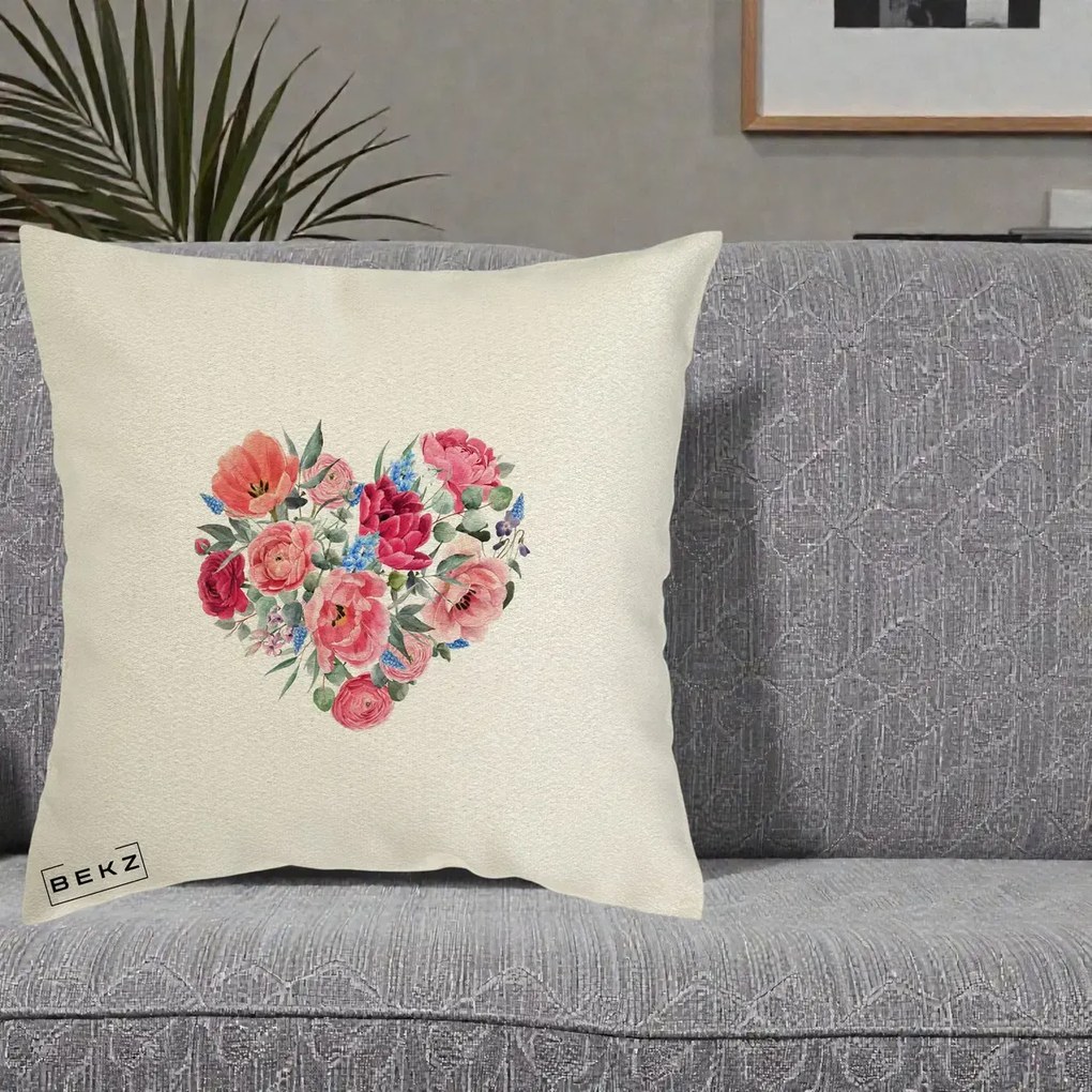 Perna Decorativa Inima din Bujori Acuarela, 40x40 cm, Ecru, Husa Detasabila, Perna Inclusa, BEKZ®