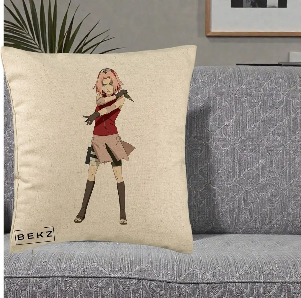 Perna Personalizata Naruto Sakura Haruno Portret, 40x40 cm, Bej, Husa Detasabila, Perna Inclusa, BEKZ®