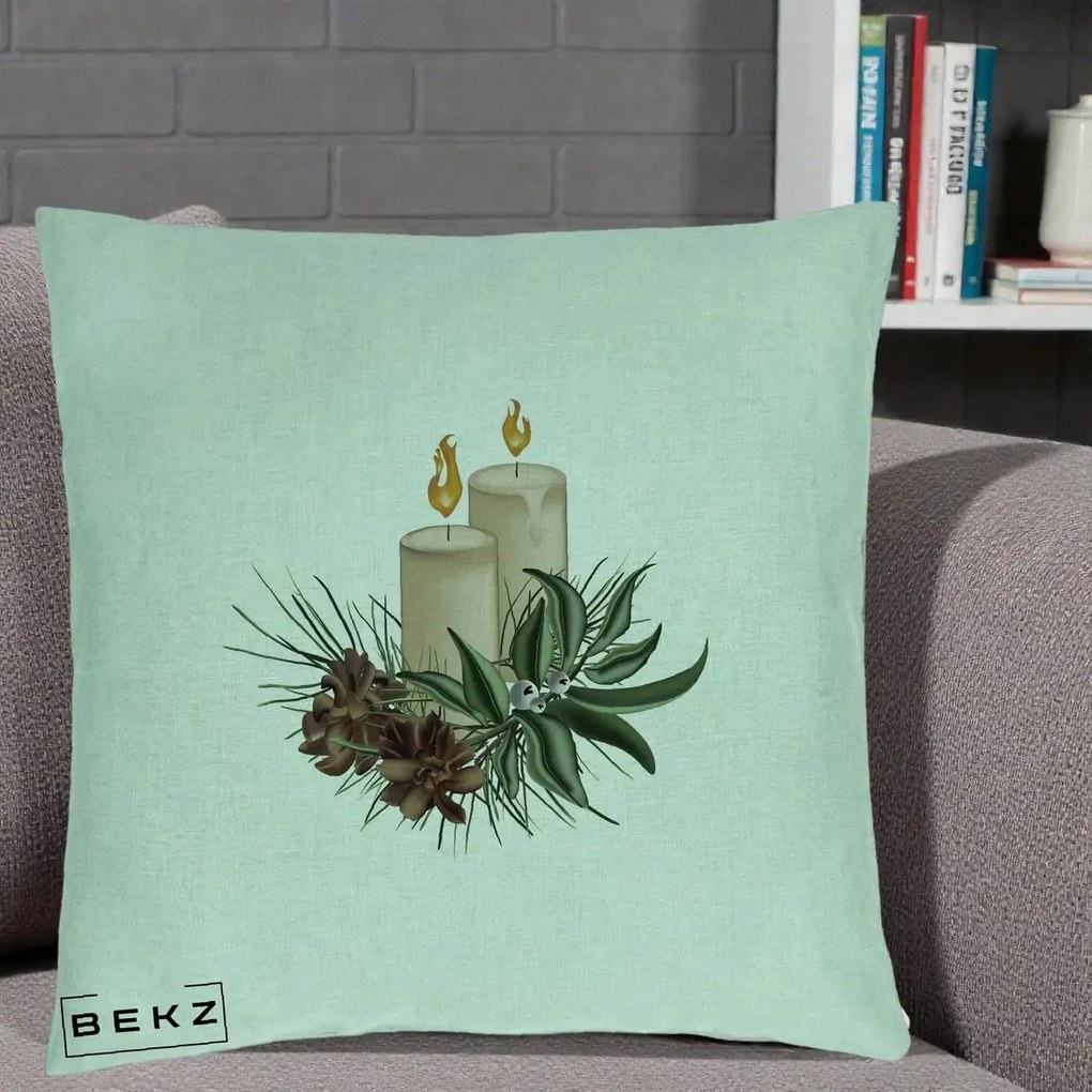 Perna Decorativa Lumanari cu Ilex si Conuri Ilustratie, 40x40 cm, Verde Menta, Husa Detasabila, Perna Inclusa, BEKZ®