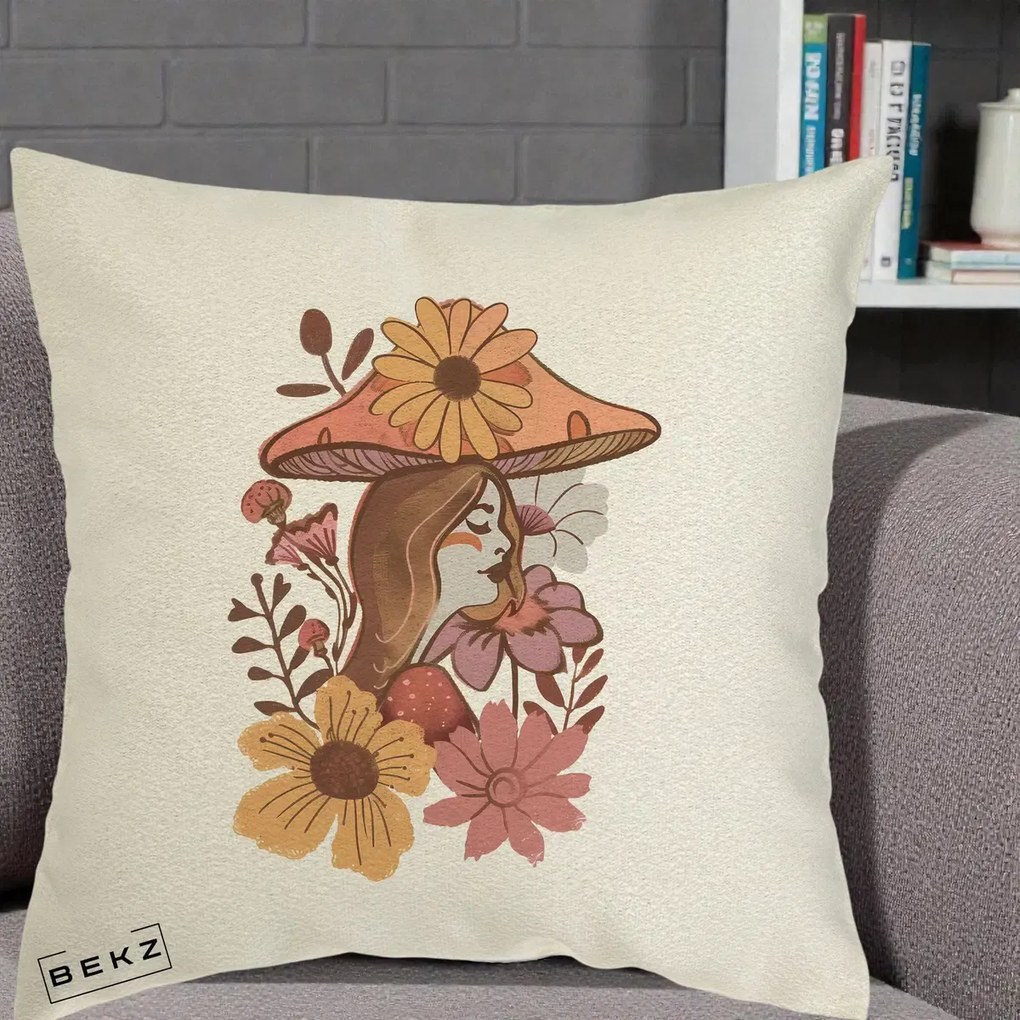 Perna Decorativa Fata Ciuperca Florala Boho, 40x40 cm, Ecru, Husa Detasabila, Perna Inclusa, BEKZ®