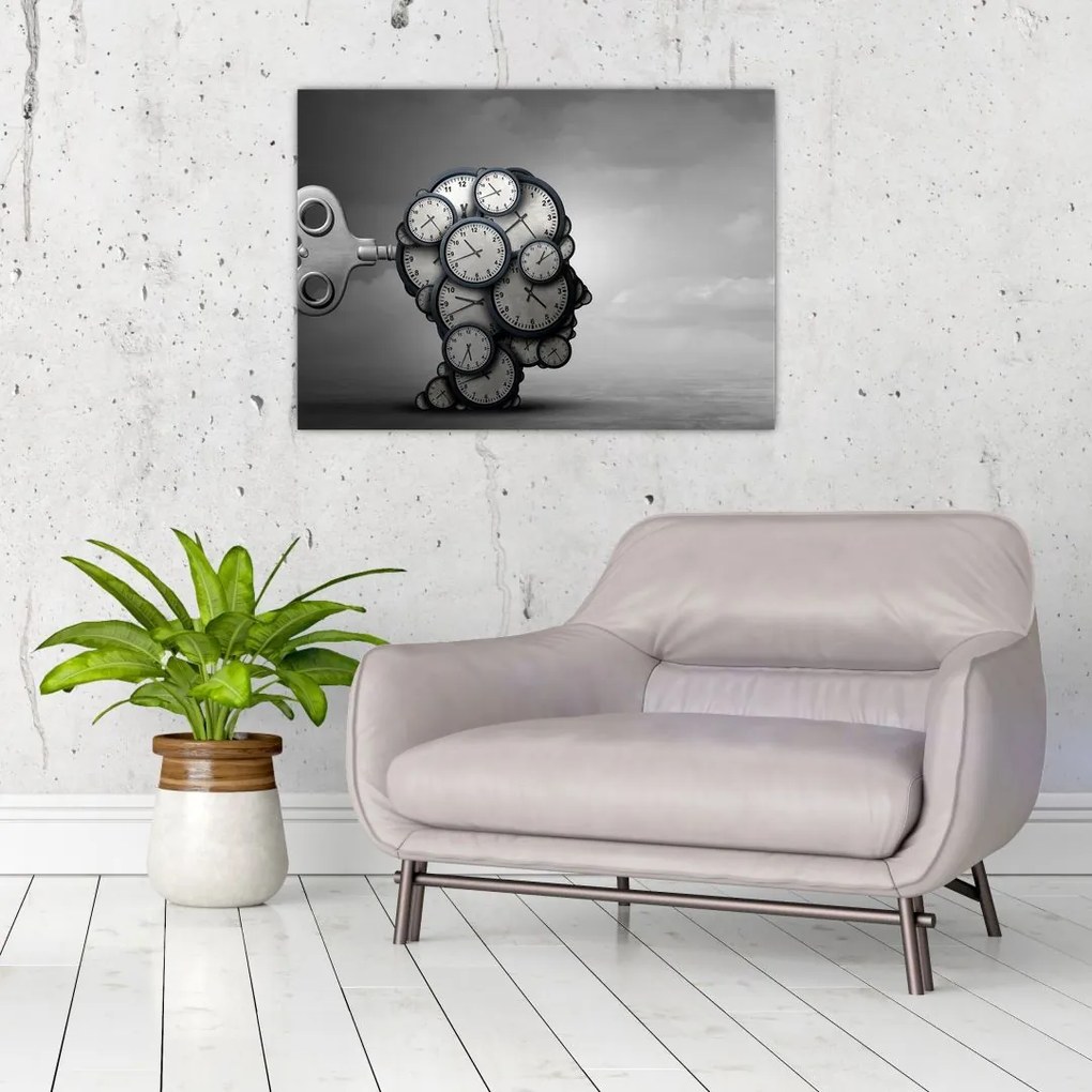 Tablou pe sticlă artistic cu cu cap și ceas (70x50 cm)